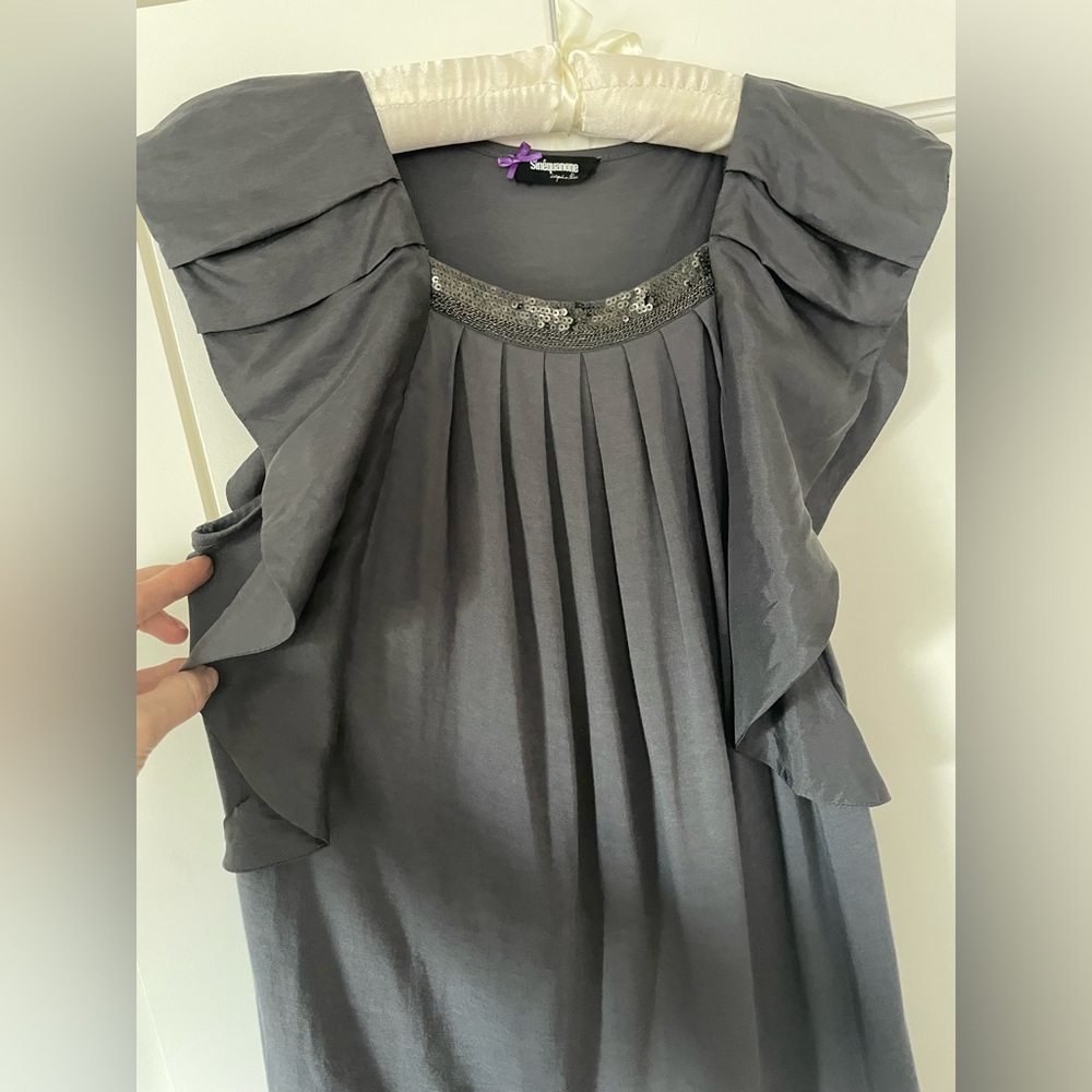 Silk Charcoal Sleevless Top with Shoulder Ruffles, S/M